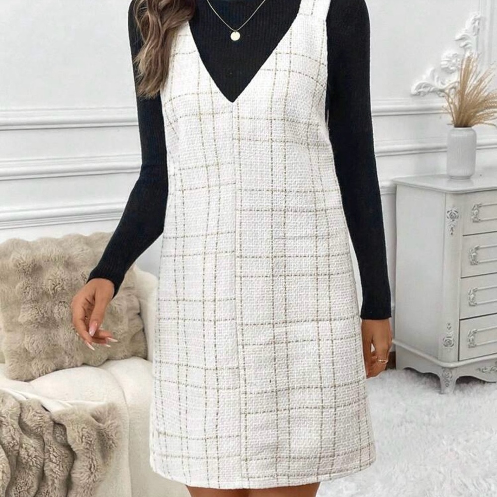 White and gold Plaid Women's jumper Dress